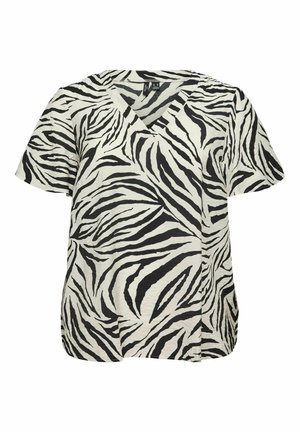 Bluză cu mâneci scurte și decolteu în V, cu imprimeu zebrat alb-negru și material ușor texturat.