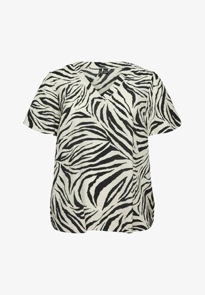 Lühikeste varrukatega V-kaelusega pluus must-valge sebra mustriga ja kergelt tekstureeritud kangaga.