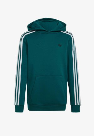 Türkisfarbener Kapuzenpullover mit weißen dreifachen Streifen an den Ärmeln, vorderer Kängurutasche und kleinem schwarzem Logo auf der Brust.
