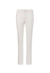Witte, slim-fit broek gemaakt van gladde stof, met een knoopsluiting, twee voorzakken en een minimalistisch ontwerp zonder patronen of versieringen.