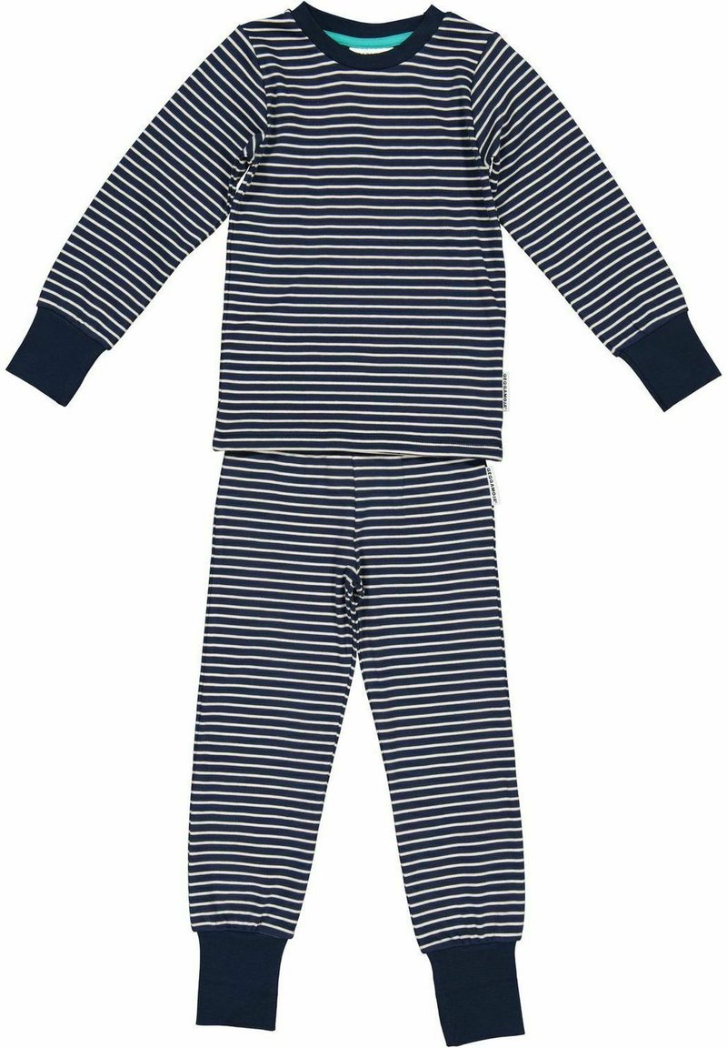 Navy och vit randig långärmad pyjamasuppsättning tillverkad av mjuk bomull. Har elastiska ärmslut och midja för komfort. Inga ytterligare detaljer.