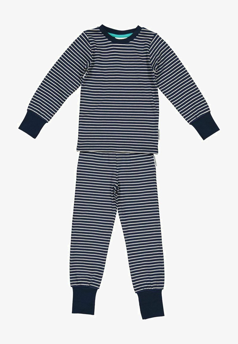 Navy och vit randig långärmad pyjamasuppsättning tillverkad av mjuk bomull. Har elastiska ärmslut och midja för komfort. Inga ytterligare detaljer.