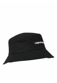 Black bucket hat made of fabric, featuring a wide, flat brim, and a logo on the side in white. Smooth texture with tonal stitching.