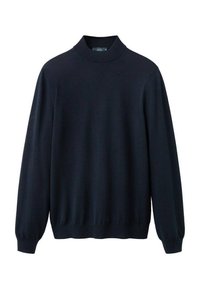 Granatowy sweter typu pulower z wysokim kołnierzem, długimi rękawami oraz ściągaczami przy mankietach i dole; wykonany z gładkiej, elastycznej tkaniny.