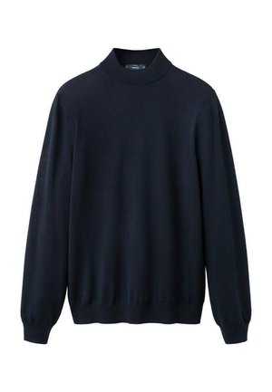 Granatowy sweter typu pulower z wysokim kołnierzem, długimi rękawami oraz ściągaczami przy mankietach i dole; wykonany z gładkiej, elastycznej tkaniny.