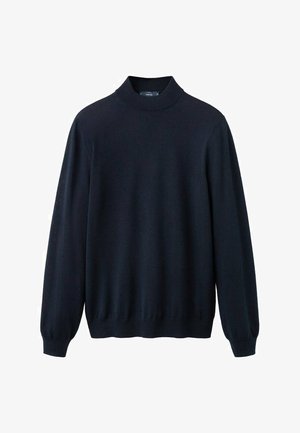 Granatowy sweter typu pulower z wysokim kołnierzem, długimi rękawami oraz ściągaczami przy mankietach i dole; wykonany z gładkiej, elastycznej tkaniny.