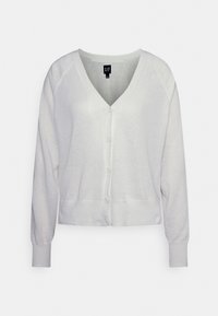 Weißer Cardigan mit V-Ausschnitt, langen Raglanärmeln und Knopfverschluss vorne. Verfügt über einen strukturierten Stoff sowie gerippte Bündchen und Saum.