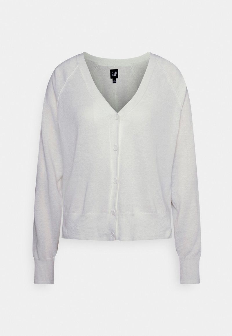 Weißer Cardigan mit V-Ausschnitt, langen Raglanärmeln und Knopfverschluss vorne. Verfügt über einen strukturierten Stoff sowie gerippte Bündchen und Saum.
