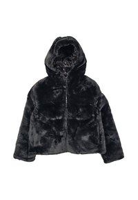 Giacca nera in pelliccia sintetica con cappuccio, zip frontale e maniche lunghe, stesa su uno sfondo bianco.