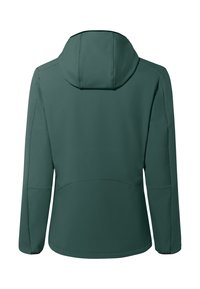 Giacca softshell verde con cappuccio, maniche lunghe e una texture liscia. Il design è elegante, senza hardware visibili o decorazioni.