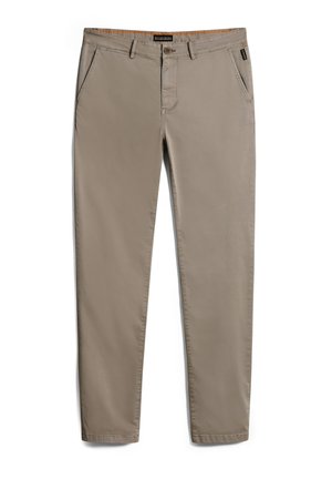 Beige cotton blend pants with straight legs, front pockets, and a zip fly. Smooth texture with a subtle sheen and contrast stitching detail.