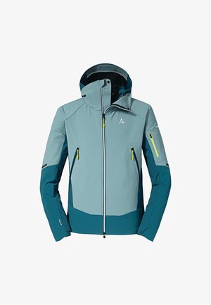 Light blue and teal waterproof jacket with a zippered front, adjustable hood, yellow zipper accents, and multiple zip pockets.