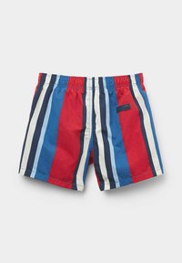 Costumi da bagno multicolore con righe verticali in rosso, blu, blu scuro e azzurro; cintura elasticizzata con una piccola etichetta logata.