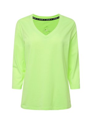 Maglietta a maniche lunghe V con scollo a V di un verde neon, realizzata in morbido cotone, con un design grafico decorativo vicino al colletto e una vestibilità comoda.