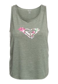 Top sin mangas verde olivo con un logo de Roxy con patrón floral centrado en el pecho.