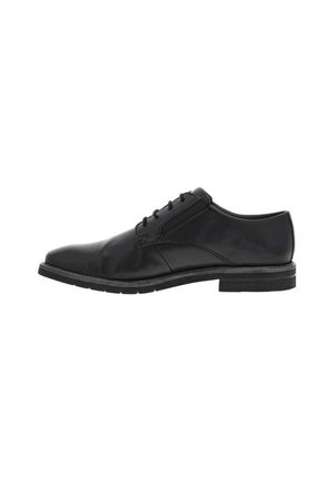 Chaussure de ville en cuir noir avec une finition lisse, bout rond et un design à lacets. Caractérisée par une semelle en caoutchouc à profil bas pour plus de stabilité.