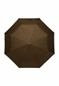 Ombrello marrone con motivo, dalla forma ottagonale, caratterizzato da un design a griglia in tonalità più scure. Pulsante in metallo al centro per l'apertura.