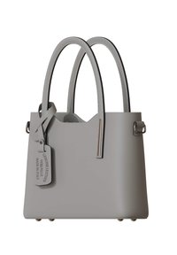 Gray leather handbag with two top handles, stitching accents, a tag stating "genuine leather," and metal feet at the base for stability.