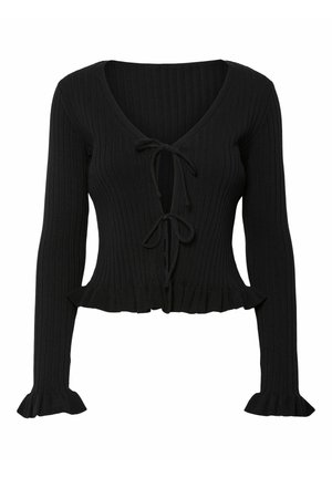 Cardigan court noir à manches longues côtelées avec col en V, deux fermetures à nouer à l'avant, et bords froncés à l'ourlet et aux poignets.