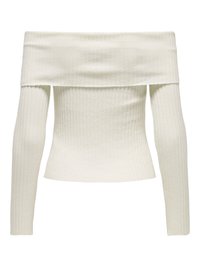 Pull en maille côtelée écrue avec manches longues et large encolure bardot, silhouette ajustée.