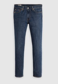 Jean en denim bleu coupe droite avec poches avant, passants de ceinture et fermeture par bouton sur un fond clair uni.