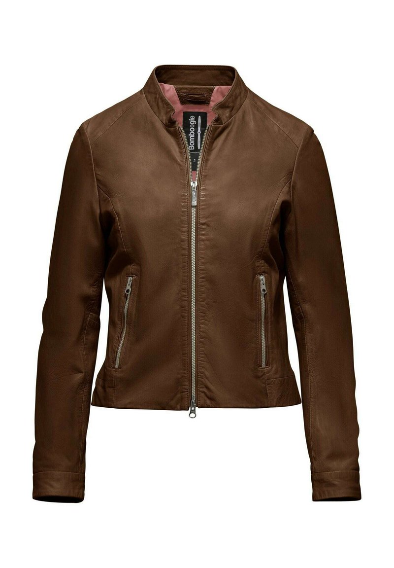 Bruine leren jas met een staande kraag, een rits aan de voorkant en twee ritszakken. Soepele textuur met een slim fit ontwerp en een getailleerd silhouet.