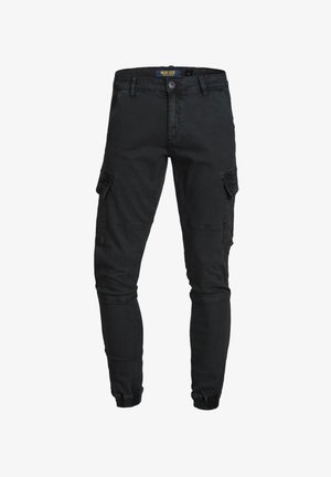 Schwarze Cargohose mit Knopfverschluss, Gürtelschlaufen, seitlichen Klappentaschen, Knieabnähern und elastischen Bündchen an den Knöcheln.