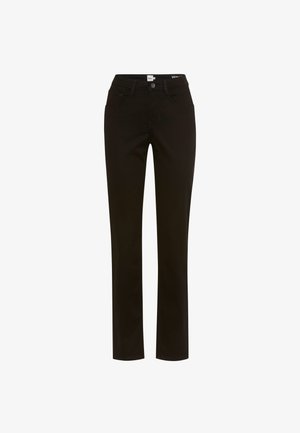 Black denim pants with a straight leg cut, featuring a button closure and classic five-pocket design. Smooth texture and sturdy fabric.