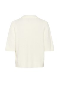 Lühikesleeve valge kudum, ümar kaelus, pehme tekstuur ja soonikkoesäär. Lihtne disain, ilma mustrite või aktsentideta.