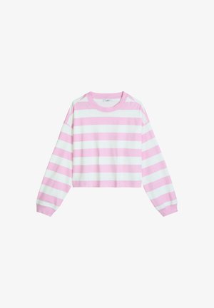 Langärmeliges, kurz geschnittenes Sweatshirt mit breiten pinken und weißen horizontalen Streifen sowie gerippten Bündchen und Halsausschnitt.
