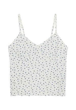 Camisola blanca con finas tirantas ajustables decorada con un pequeño estampado floral azul y morado por todo el diseño.
