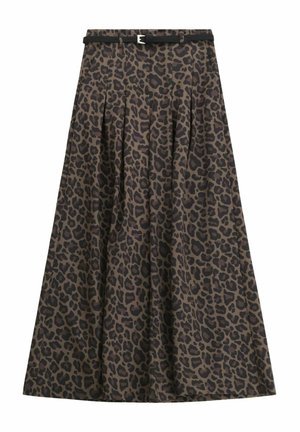 Gonna maxi in tessuto marrone con una fantasia di leopardo nera, caratterizzata da pieghe e una cintura nera con una fibbia d'argento.