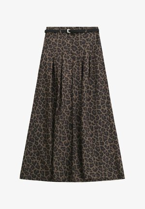 Gonna maxi in tessuto marrone con una fantasia di leopardo nera, caratterizzata da pieghe e una cintura nera con una fibbia d'argento.