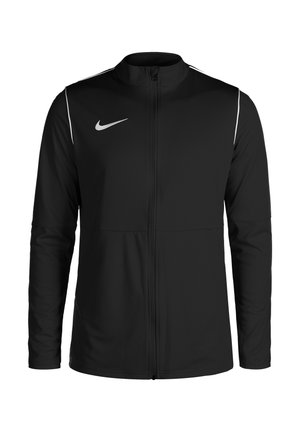 Černá sportovní bunda s dlouhým rukávem, celopropínacím zipem, vysokým límcem, bílým logem Nike na hrudi a bílým páskováním na ramenech a rukávech.
