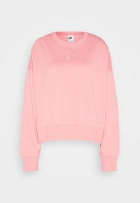 Sudadera rosa corta hecha de un material suave. Cuenta con cuello redondo, mangas largas y un pequeño logo dorado de Nike en el pecho.