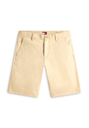 Béžové pánské šortky délky po kolena s poutky na opasek, předním knoflíkem a zipem, dvěma bočními kapsami a malou logo cedulkou na pasu.
