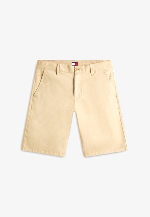 Beige knielange Herren-Shorts mit Gürtelschlaufen, vorderem Knopf und Reißverschluss, zwei Seitentaschen und einem kleinen Logotag am Taillenbund.