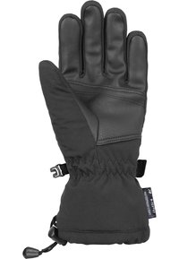 Black gloves with a leather palm and soft fabric backhand. Features include a cinched wrist, adjustable strap, and waterproof label.