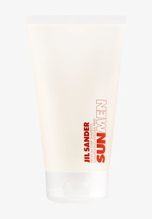Tube en plastique blanc avec un capuchon à bascule ; présente un texte rouge indiquant "JIL SANDER SUN MEN" et une description du produit. Surface lisse, design minimaliste.
