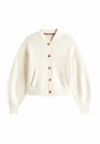 Cream-colored knitted cardigan with a round neckline, five large buttons, ribbed cuffs, and two front pockets. Soft texture, cropped fit.
