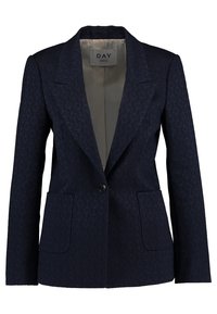 Granatowa marynarka z teksturowanym geometrycznym wzorem, zapinana na jeden guzik, z wyciętymi klapami i dwoma kieszeniami z przodu. Podszyta podszewką.