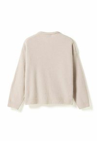 Cremefarbener Langarmstrickpullover mit Rundhalsausschnitt sowie gerippten Bündchen an Ärmeln und Saum, Rückenansicht vor weißem Hintergrund.