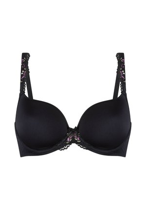 Soutien-gorge noir avec bonnets rembourrés, doté de dentelle le long des bretelles et d'un accent décoratif au centre. Tissu lisse avec des détails subtils.