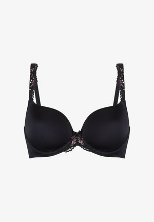 Soutien-gorge nero con coppe imbottite, caratterizzato da un bordo in pizzo lungo le spalline e un accento decorativo al centro. Tessuto morbido con dettagli sottili.