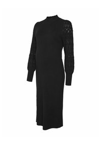 Schwarzes Strickkleid mit hohem Kragen und langen Ballonärmeln, das ein strukturiertes Muster aufweist. Glatte Textur mit figurbetontem Schnitt.