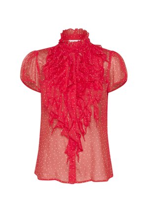 Red sheer blouse with ruffled front, high neckline, and short puff sleeves. White polka dot pattern throughout. Button closure at the front.