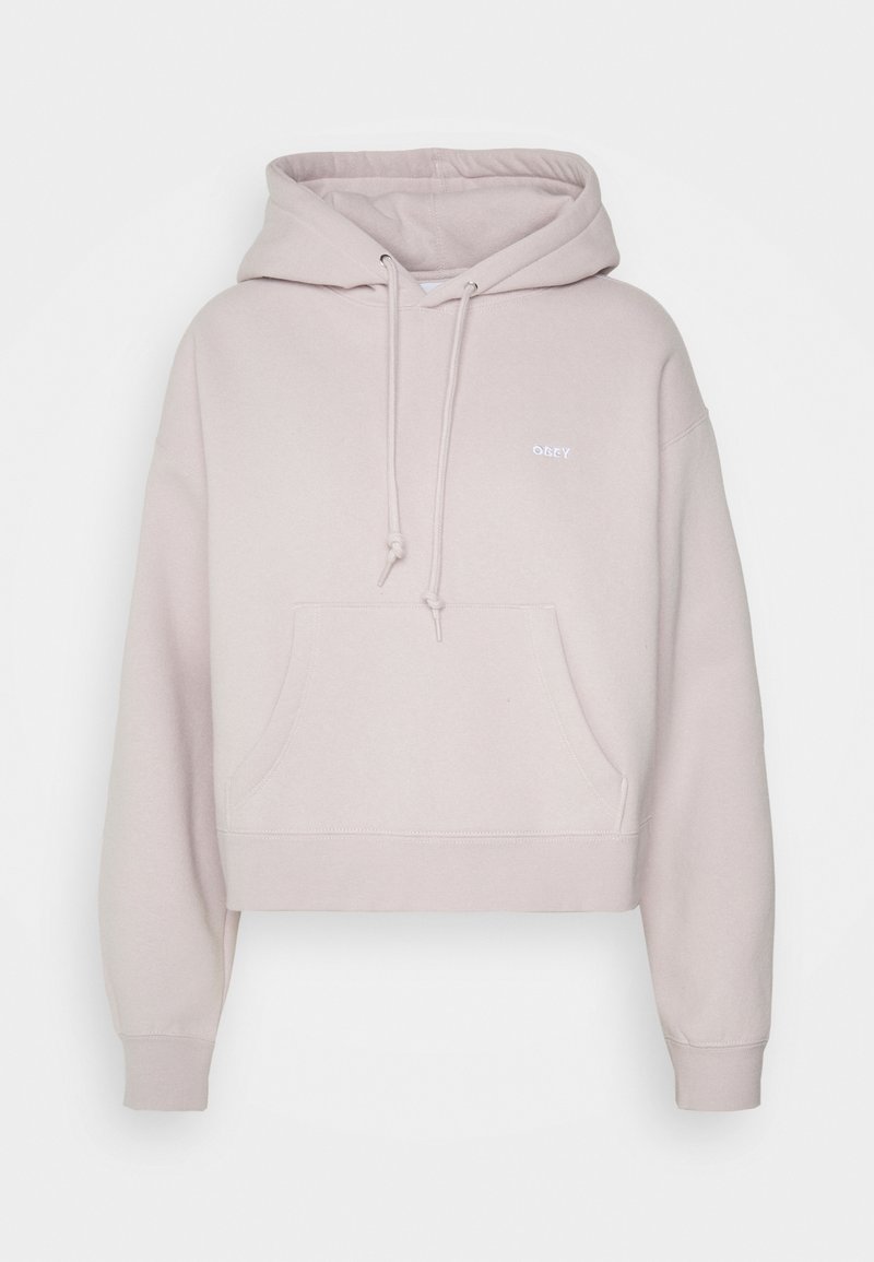 Beskuren hoodie i ljusrosa, tillverkad av mjukt tyg. Har en frontficka, dragskohuva och en liten vit logotyp på bröstet.