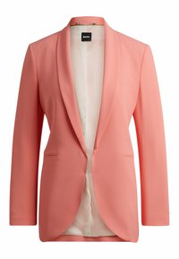 Peach blazer with a shawl collar, single button closure, and two front pockets. Smooth fabric with a satin inner lining.