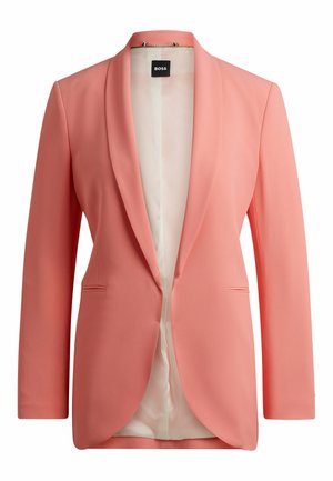 Persikorange kavaj med sjalkrage, enkel knappstängning och två framfickor. Slät väv med satininnerfoder.