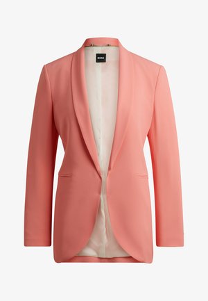 Peach blazer with a shawl collar, single button closure, and two front pockets. Smooth fabric with a satin inner lining.